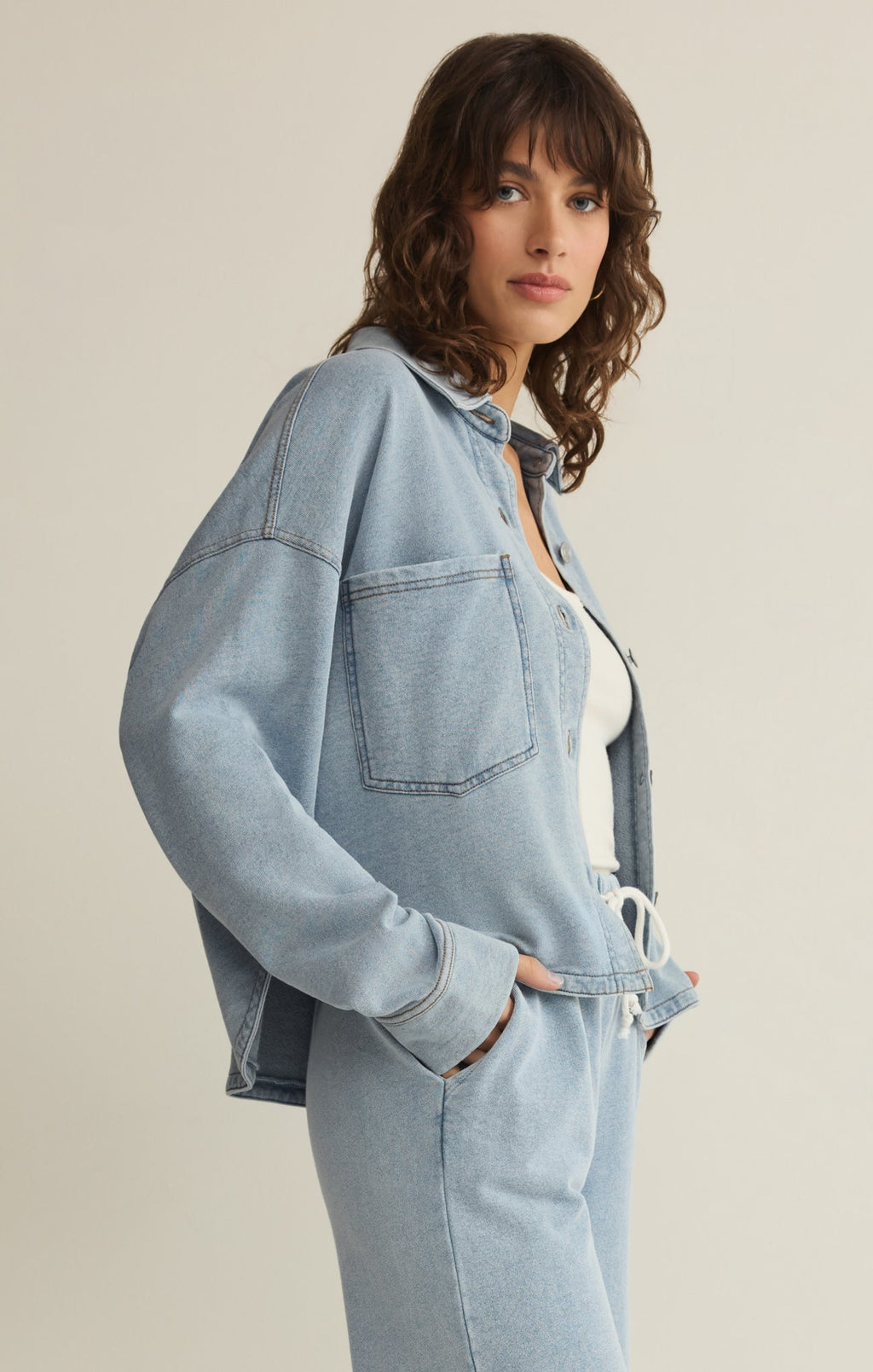All Day Cropped Knit Denim Jacket